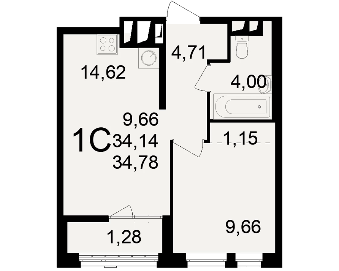 Однокомнатная квартира в Рязани площадью 34.78м2